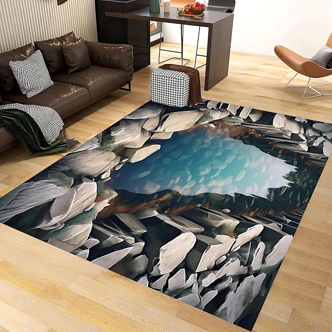 Visual Illusion Canyon Living Room Rug, 3x4ft, 3D Visual Effect Stream Indoor Throw Mat, Stone Crack Ultra Soft Home Decor Carpet, Thin Low Pile Machine Washable Rugs for Entrance