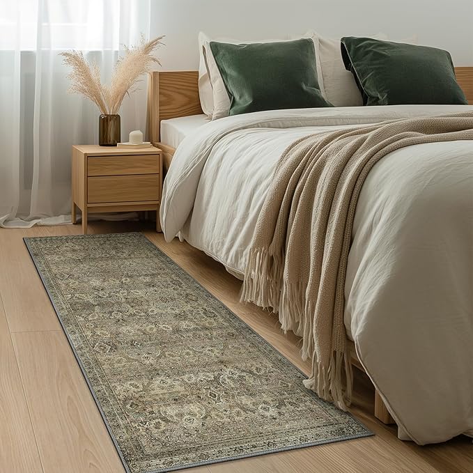 2x5 Runner Rug Machine Washable Boho Runners for Hallway,Ultra-Thin Low Pile Rug,Lightweight Indoor Carpet,Non Slip Floral Runners for Enrtyway, Corridor, Home Office, Kitchen,Sage