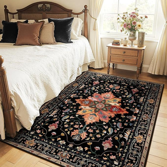 Area Rugs 4'x6' Washable Non-Slip, Floral Vintage Distress Print Pattern Medallion Carpet for Living Room Bedroom Dining Room, Black Colorful Floral Dark Tan
