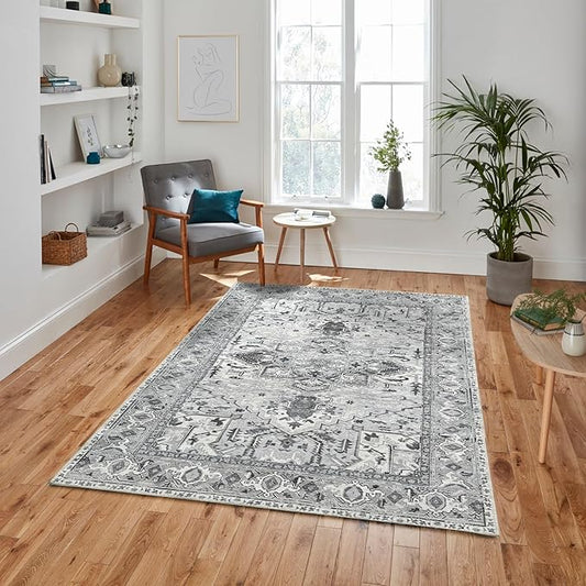 Fame Living Faded Oushak Rug, Turkish Vintage Floral Pastel Large Oversized Area Rugs for Living Room Dining Bedroom Kitchen Bathroom Nursery (848CrNv, 2' x 3')