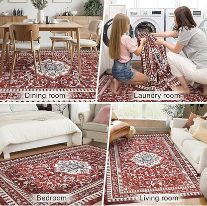 Luxury 5' x 7' Red Washable Area Rugs, Boho Low Pile Easy Clean Non-Slip Rug, Floral Medallion Pattern Vintage Rugs for Living Room, Dinning Room, Office, Bedroom, Bathroom, Laundry Room, Farmhouse