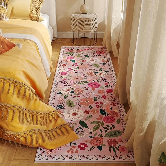 Rugcomf Runner Rug for Hallways Kitchen Rug Non Slip 2'6''x8' Washable Runner Rugs with Rubber Backing Soft Floral Carpet Runner for Hallways, Kitchen, Laundry, Bedroom, Bathroom(Pink)