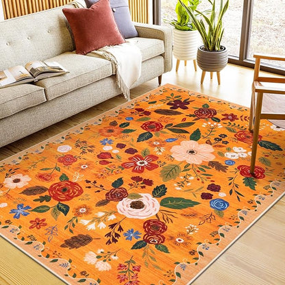 U'Artlines 5x7ft Fall Floral Area Rug, Machine Washable Ultra Soft Low Pile Non Slip Non Shedding Accent Floor Carpet for Living Room, Bedroom, Dining Room, Office (Orange)