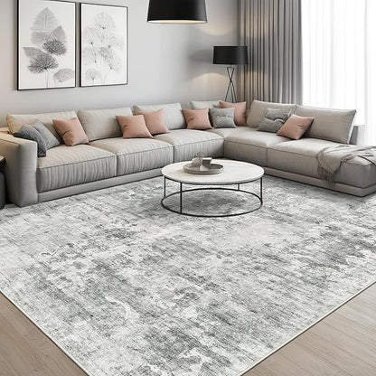 6x9 Abstract Area Rugs for Living Room 6 x 9 Washable Non Slip Low Pile Gray Rugs for Bedroom Dining Room Foldable Thin Gray White