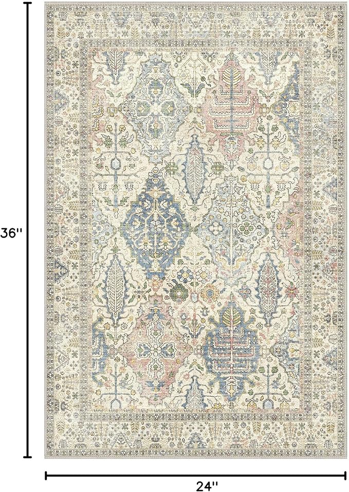 Bavni Area Rug 2X3, Small Aesthetic Entryway Rug, Non Slip Rugs for Front Door, Vintage Indoor Washable Carpet for Kitchen Bathroom, Beige Ivory