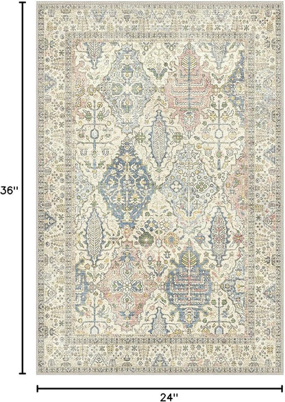 Bavni Area Rug 2X3, Small Aesthetic Entryway Rug, Non Slip Rugs for Front Door, Vintage Indoor Washable Carpet for Kitchen Bathroom, Beige Ivory