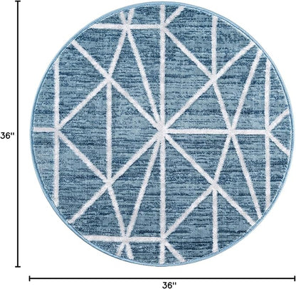 Rugs.com Lattice Trellis Collection Rug – 3 Ft Round Blue Low-Pile Rug Perfect for Kitchens, Dining Rooms