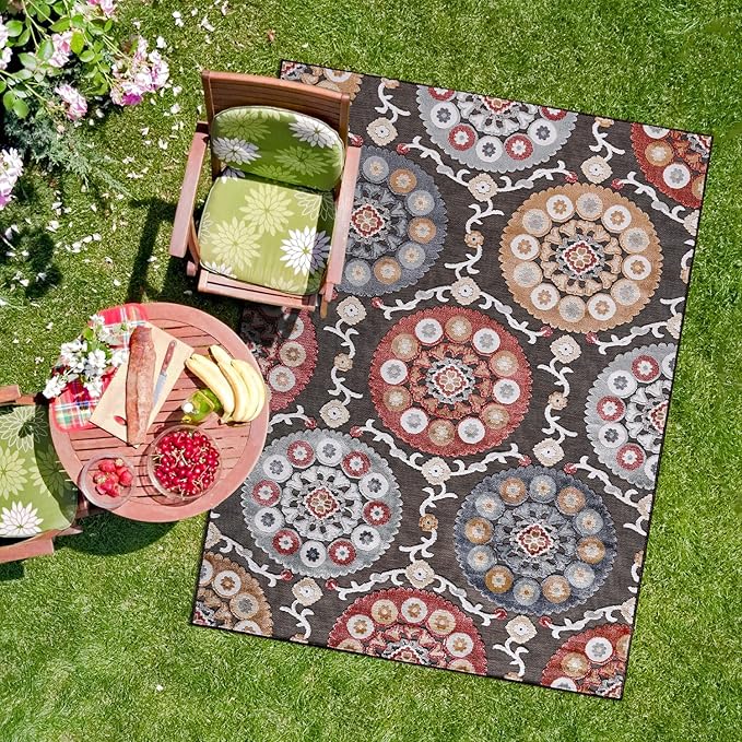 CAMILSON Indoor Outdoor Rug 8x10 Bohemian Medallion Floral Area Rugs for Indoor and Outdoor Patios Easy-Cleaning Non-Shedding Living Room Garden and Kitchen Washable Outside Carpet (8 x 10 / Brown)