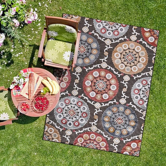 CAMILSON Indoor Outdoor Rug 9x12 Bohemian Medallion Floral Area Rugs for Indoor and Outdoor Patios Easy-Cleaning Non-Shedding Living Room Garden and Kitchen Washable Outside Carpet (9 x 12 / Brown)