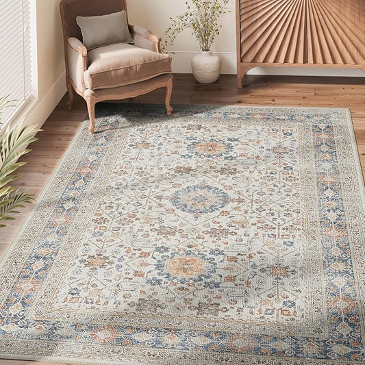 jinchan Area Rug 3x5 Washable Entryway Rug Distressed Orange Multi Vintage Floral Kitchen Print Floor Cover Indoor Doormat Retro Bathroom Living Room Bedroom Office Farmhouse