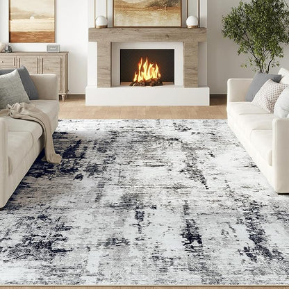 FMFUNCTEX 8x10 Washable Area Rug Black and Grey Neutral Abstract Modern Large Non Slip Carpet for Living Room Bedroom Soft Low Pile Indoor Mat Contemporary Accent Throw Rug for Dining Kitchen Nursery