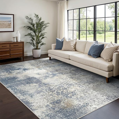 GENIMO Washable Area Rugs for Living Room, 8x10 Modern Non Slip Rugs, Low Pile Lightweight Soft Print Rug for Bedroom, Dining Room, Home Office,Washed Sky Blue