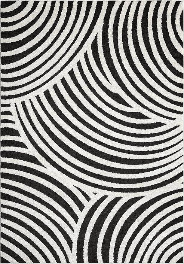 Abani Nomad Cream & Black Area Rug 5' x 8' for Living Room, Bedroom - Black Linear Curves Design - Durable & Easy to Clean
