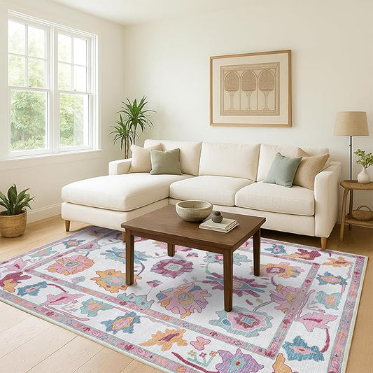 Fame Living Pink Oushak Rug, Modern, Vintage, Turkish, Eclectic, Floral, Pastel, Washable, Large Area Rugs for Living Room, Dining, Bedroom, Girls, Boys, 7'5"x9'8"