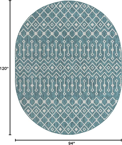 Unique Loom Outdoor Trellis Collection Area Rug - Tribal Trellis (7' 10" x 10' Oval, Teal/ Ivory)