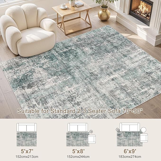 6x9 Area Rug Living Room Rugs - Washable Neutral Modern Abstract Soft Thin Large Rug Indoor Floor No Slip Rug Carpet for Bedroom Under Dining Table Home Office Decor - Green/Grey