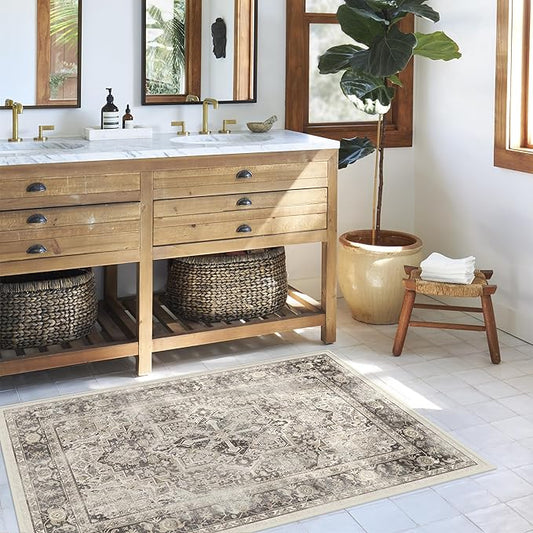 RUGGABLE Washable Vintage Area Rug – Kamran Hazel 3x5, Stain-Resistant, Non-Slip – Small Machine Washable Rugs for Living Room, Bedroom, Hallway, Entryway & Office–with Standard Pad