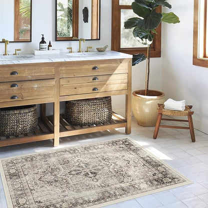 RUGGABLE Washable Vintage Area Rug – Kamran Hazel 4x6, Stain-Resistant, Non-Slip – Medium Machine Washable Rugs for Living Room, Bedroom, Hallway, Entryway & Office–with Cushioned Pad