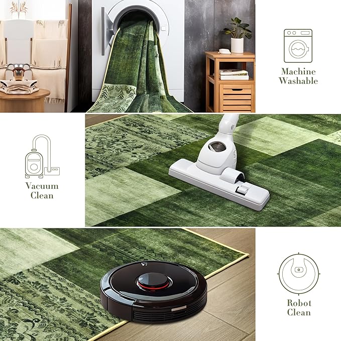 Tepook Modern Area Rug for Living Room, 8x10 Geometric Large Rugs for Bedroom, Washable Patchwork Rug Indoor Non-Slip Throw Carpets for Dining Room Office Farmhouse Home Decor, Green