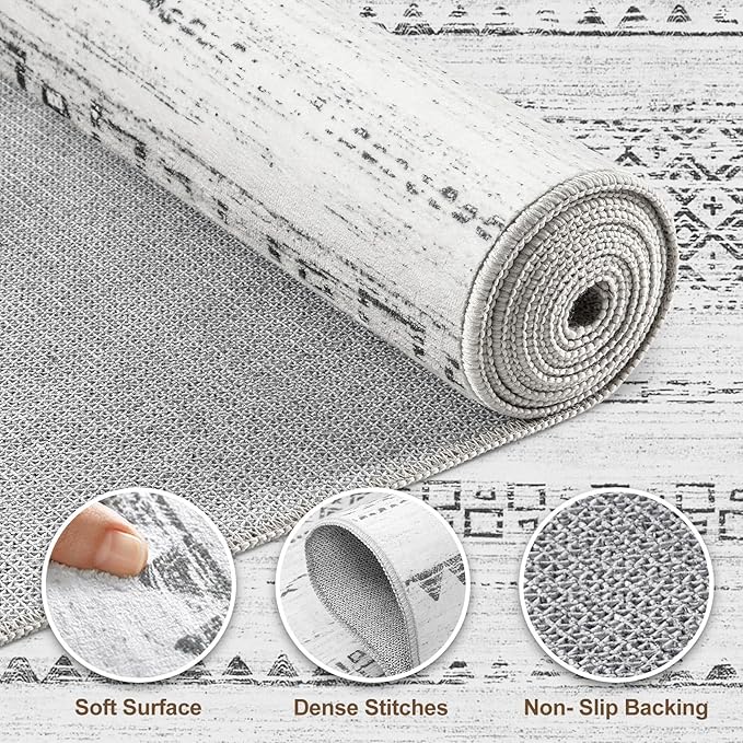 Nakagishi Area Rugs 8x10 Living Room: Washable Boho Large Neutral Soft Farmhouse Rug Stain Resistant Modern Geometric Non-Slip Indoor Carpet for Bedroom Nursery Kids Playroom Office Dining Room- Grey
