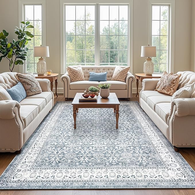 jinchan Floral 8x10 Area Rugs for Living Room - Machine Washable Vintage Distressed Boho Design Throw Rug Stain Resistant Carpet Low-Pile Thin Non-Slip for Bedroom Dining Room Nursery (8‘x10', Grey)