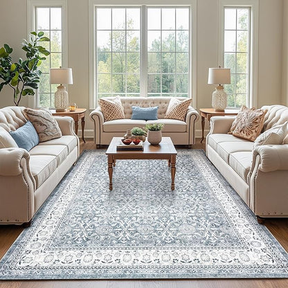 jinchan Floral 9x12 Area Rugs for Living Room - Machine Washable Vintage Distressed Boho Design Soft Throw Rug Large Carpet Low-Pile Thin Non-Slip for Bedroom Dining Room Nursery (9‘x12', Grey)