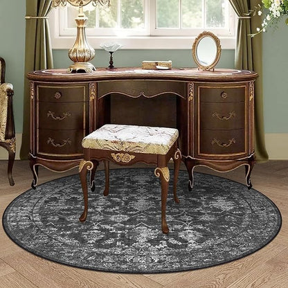 4ft Round Washable Area Rugs for Living Room, Vintage Boho Large Rug for Bedroom Dining Room Office, Distressed Floral Print Carpet for Under Table, Soft Non Slip Low Pile Throw Indoor Mat, Black