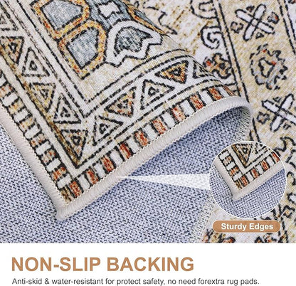 Bavni Runner Rug 2x10 Kitchen Rugs for Hallways Entryway, Washable Vintage Print Carpet, Ultra-Thin Chenille Low Pile Lightweight Rug with Non Slip Backing, Tan/Grey