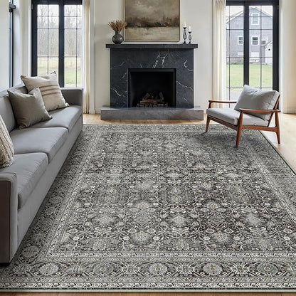 Vintage Area Rug 6x9 Black Washable Living Room Large Carpet Non Slip Bedroom Indoor Office Low Pile Traditional Distressed Retro Accent Rug for Dining Room Kitchen