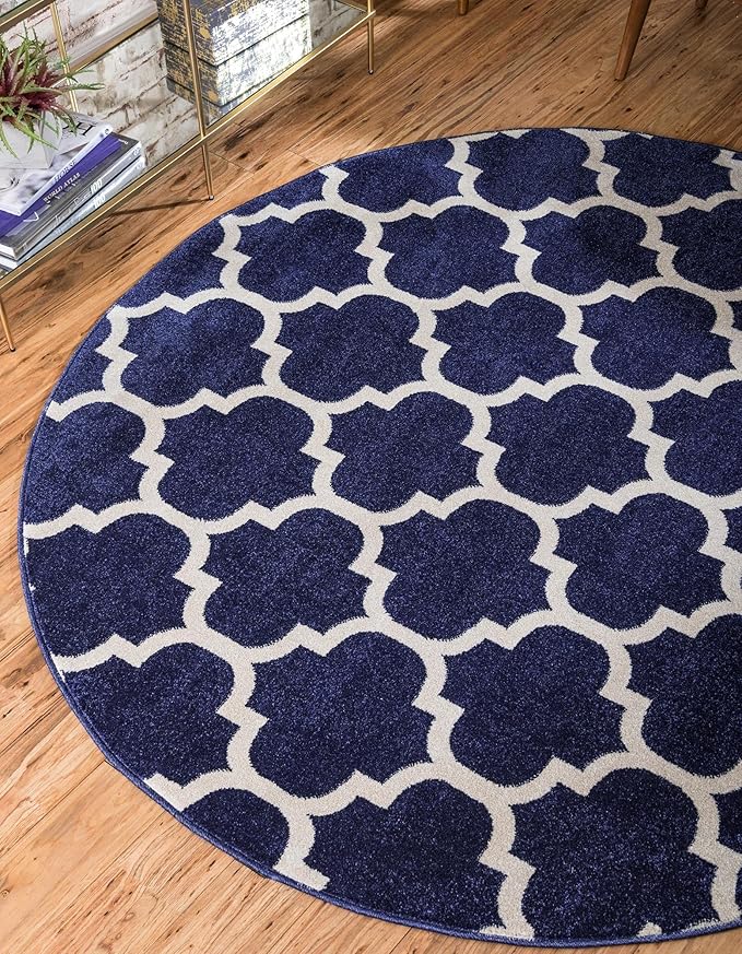 Rugs.com Lattice Collection Rug – 6 Ft Round Dark Blue Medium Rug Perfect for Kitchens, Dining Rooms