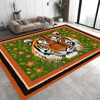 Tiger Print Rug,5x8ft,The Tiger is Surrounded by Orange and Green Floral Patterns. This Rug is Suitable for Boys and Girls' Bedrooms，Anti-Slip Carpet Suitable for Living Room Bedroom Home Decoration