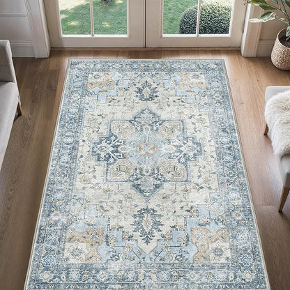 4x6 Area Rugs for Living Room, Machine Washable Rug, Non Slip Vintage Rugs, Low Pile Lightweight Print Rug for Bedroom, Dining Room, Home Office, Blue