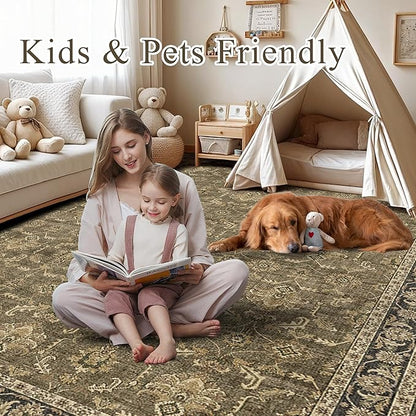 Washable Area Rug 9x12 Brown Rugs for Living Room, Vintage Boho Large Rug for Bedroom Dining Room Office, Distressed Floral Print Carpet for Under Table, Soft Non Slip Low Pile Throw Carpet Indoor Mat