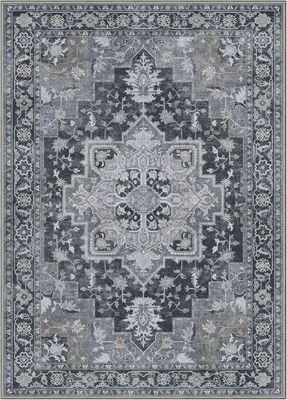 GENIMO 9x12 Area Rugs for Living Room, Machine Washable Non Slip Vintage Rugs, Low Pile Lightweight Chenille Print Rug for Bedroom, Dining Room, Home Office,Dark Gray