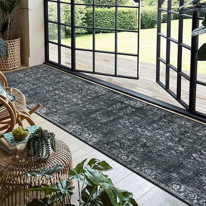 Morebes Black Vintage Carpet Runners for Hallway 12ft,Washable Long Runner Rug for Kitchen Indoor Floor Non-Slip,Distressed Super Soft Throw Carpet for Entryway Bathroom Dining Room Playroom
