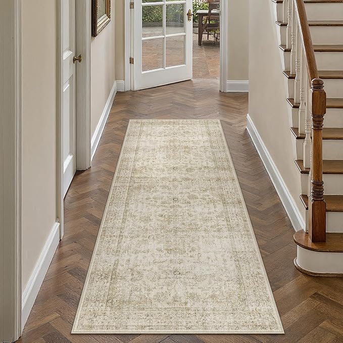 HUGEAR 2x6 Runner Rug Hallway Machine Washable Retro Beige Vintage Floral Low Pile Carpet Distressed Long Throw Rug Bedroom Office Bathroom Kitchen Laundry Non Slip Soft Lightweight