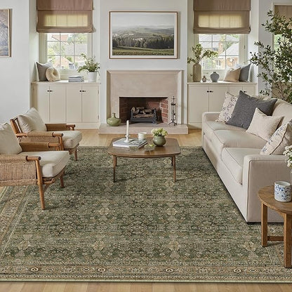 6x9 Area Rug for Living Room Green Brown Vintage Washable Bedroom Carpet Traditional Distressed Soft Non Slip Indoor Large Accent Rug Retro Thin Low Pile Floor Cover for Dining Room Playroom