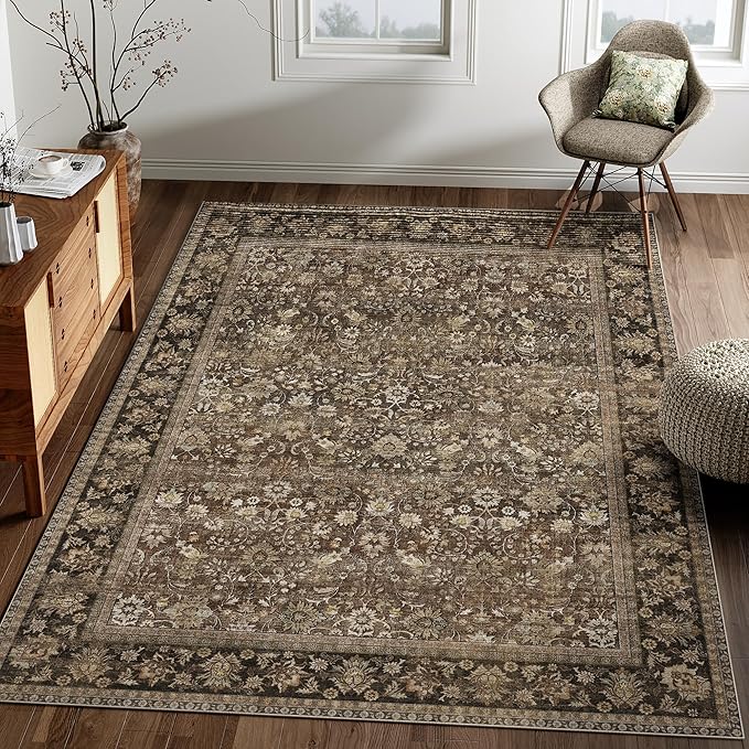 HUGEAR 4x6 Machine Washable Rugs Brown Hallway Area Rug Indoor Accent Rug Floral Low Pile Carpet Soft Throw Rug Bedroom Living Room Office Dining Room Kitchen Laundry Room Non Slip