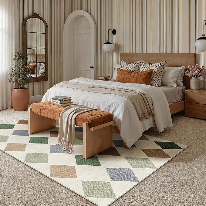 6x9 Checkered Area Rugs for Living Room Colorful Machine Washable Large Rug Non-Slip Stain Resistant Low Pile Boho Accent Indoor Throw Carpet for Bedroom Dining Room Classroom