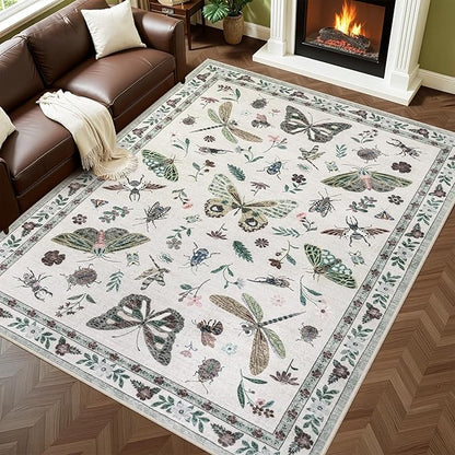 6x9 Area Rugs Living Room Rug: Vintage Washable Rug Floral Soft Carpet Indoor Floor Non-Slip Boho Stain Resistant Large Carpets for Bedroom Kids Nursery Dining Room Farmhouse Home Office Beige