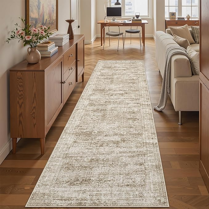 Washable Runner Rug, 2'6" x 8' Non-Slip Kitchen Vintage Foldable Hallway Runners for Entryway, Laundry, Bedroom, Brown