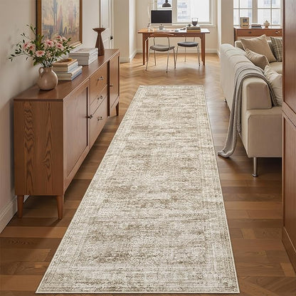 Washable Runner Rug, 2'6" x 8' Non-Slip Kitchen Vintage Foldable Hallway Runners for Entryway, Laundry, Bedroom, Brown