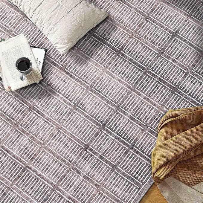 Rugshop Bohemian Stripe Lines Washable Non Slip Area Rug 3' x 5' Brown