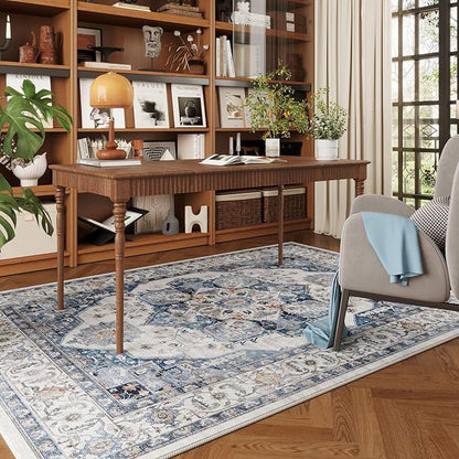Rugcomf Vintage Medallion 3'x5' Washable Rug - Non-Slip Low Pile Area Rug, Small Boho Carpet for Bedroom, Bedside, Kitchen, Entryway, Kids/Girls Room, Office - Blue