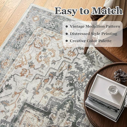 Farmhouse 6x9 Area Rugs for Living Room, Low Pile Thin Washable Non Slip Rugs for Bedroom Dining Room, Distressed Medallion Printed Soft Carpet for Home Office Guest Room, Grey/Orange-Brown