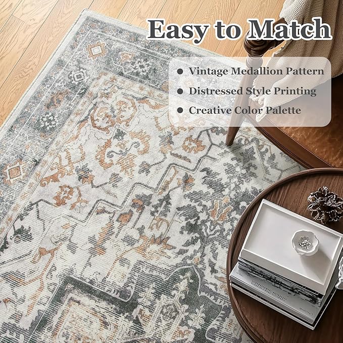 Large Farmhouse Area Rugs 9x12 for Living Room, Distressed Medallion Printed Big Carpet Rugs for Bedroom Under Bed, Washable Non Slip Low Pile Thin Rugs for Dining Room, Grey/Orange-Brown