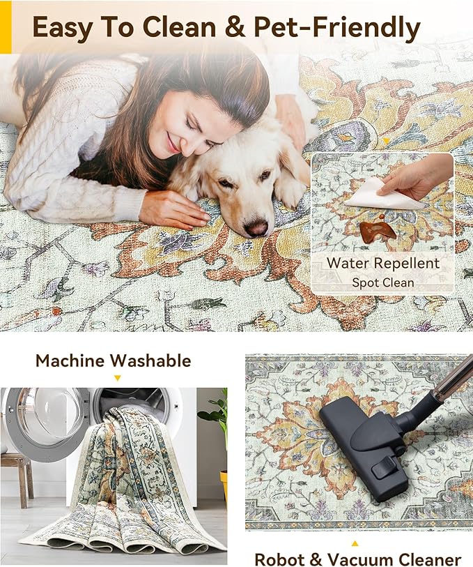 Area Rugs 5ft Washable Non-Slip, Floral Vintage Distress Print Pattern Medallion Carpet for Living Room Bedroom Dining Room, Light Yellow Carbon Grey Orange