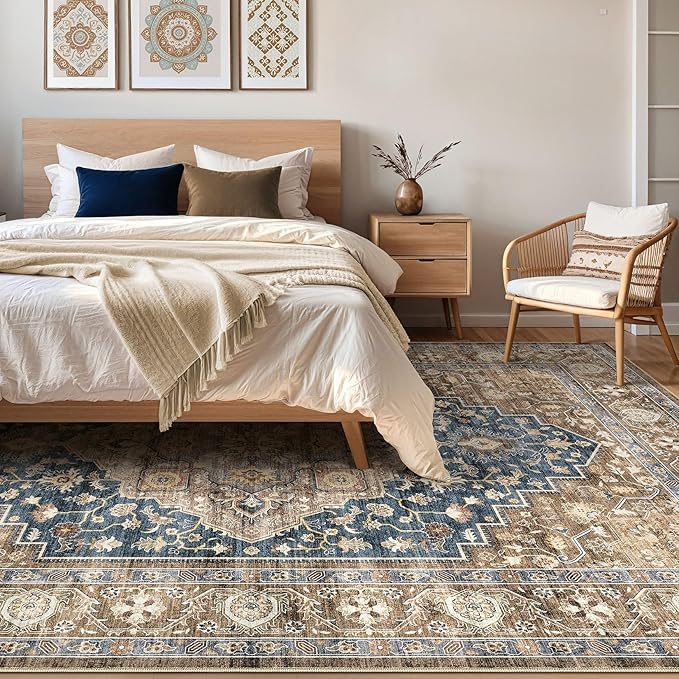 9x12 Area Rug Living Room: Washable Boho Large Neutral Vintage Soft Rugs Stain Resistant Farmhouse Non-Slip Indoor Floor Carpet for Bedroom Nursery Kids Office Dining Room Playroom- Yellow Blue