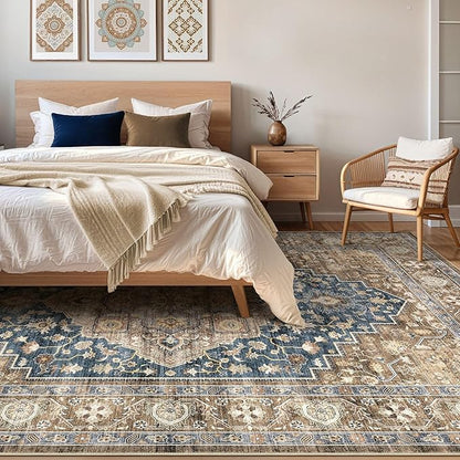 9x12 Area Rug Living Room: Washable Boho Large Neutral Vintage Soft Rugs Stain Resistant Farmhouse Non-Slip Indoor Floor Carpet for Bedroom Nursery Kids Office Dining Room Playroom- Yellow Blue