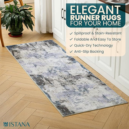 Istana Hallway Runner Rug 2x6 - Grey Navy Kitchen Rugs Non Slip Washable -Silk's Soft Touch Carpet Runner - Stylish Rug for Home
